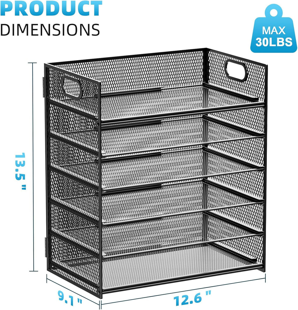 6 Tier Paper Organizer Letter Tray - Mesh Desk File Organizer with Handle, Paper Sorter Organizer for Letter/A4 Office File Folder Holder - Black