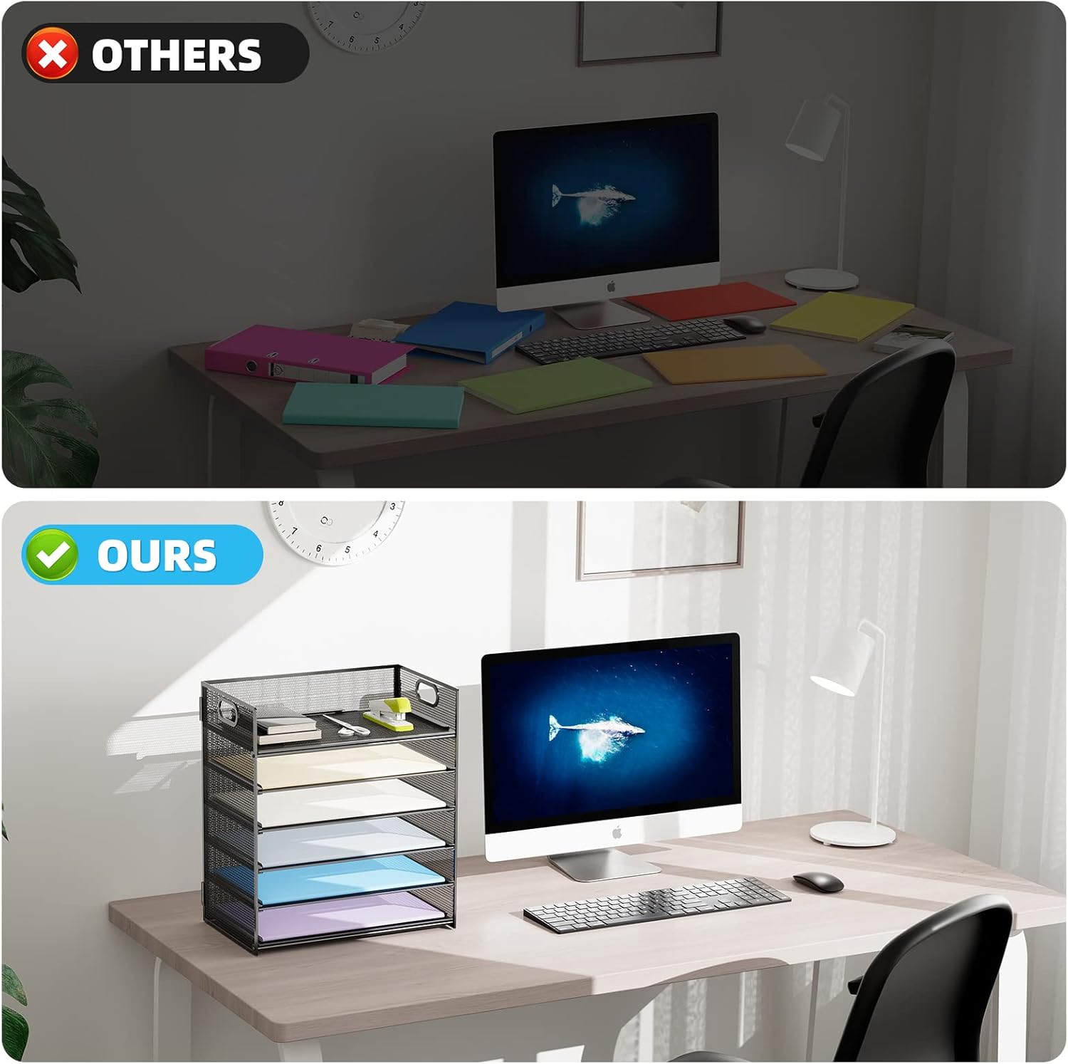 6 Tier Paper Organizer Letter Tray - Mesh Desk File Organizer with Handle, Paper Sorter Organizer for Letter/A4 Office File Folder Holder - Black