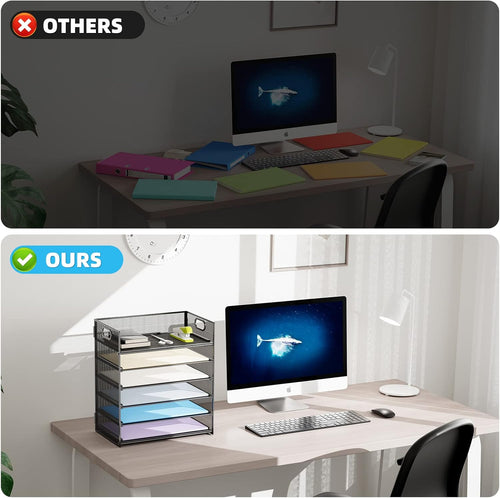 6 Tier Paper Organizer Letter Tray - Mesh Desk File Organizer with Handle, Paper Sorter Organizer for Letter/A4 Office File Folder Holder - Black