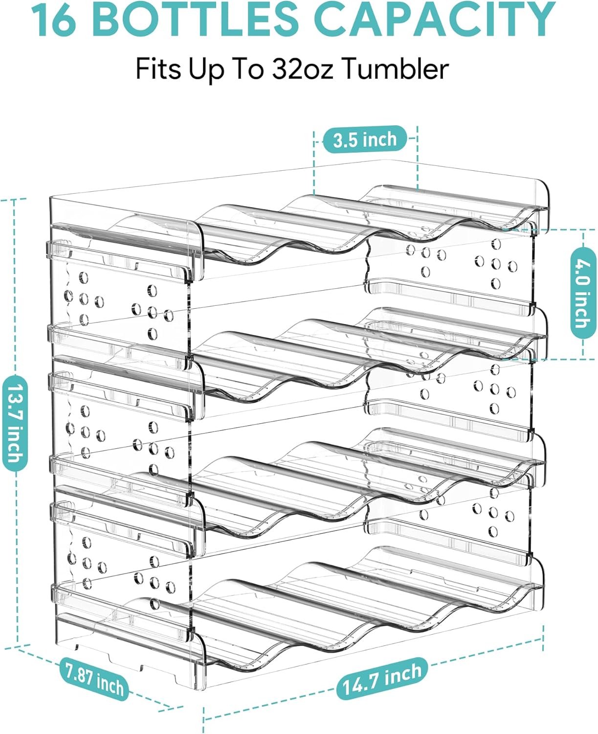 4 Tier Water Bottle Organizer - 16 Bottle Stackable Cup Organizer for Cabinet, Countertop