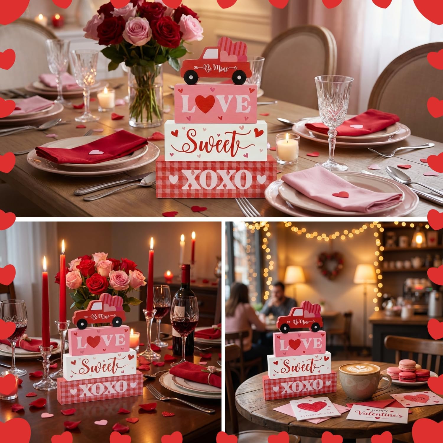 Valentine’s Day Decorations, 4 Pcs Wooden Valentine’s Day Table Decorations, Red Truck Tiered Tray Decor, Wooden Table Sign for Desk Shelf Mantel Centerpiece, Indoor Home Decor