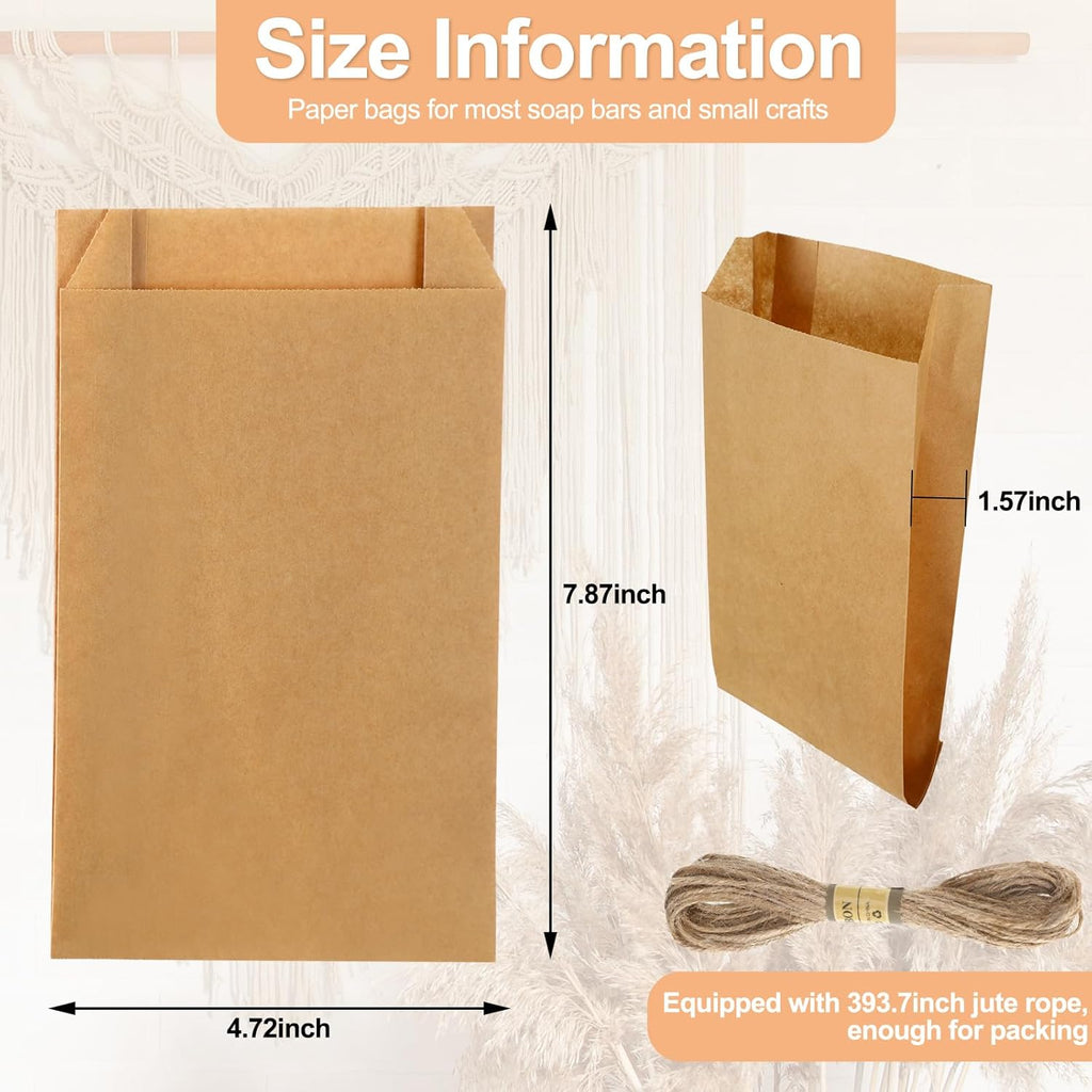 50 Pieces Soap Paper Bags, 5'' x 8'' Kraft Paper Bags for Packaging Soap Making Wrappers with 394 Inch Jute Ropes for Candy Lipstick Gift Crafts Merchandise Wedding Gift