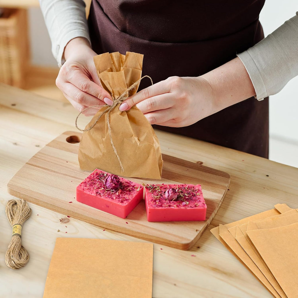 50 Pieces Soap Paper Bags, 5'' x 8'' Kraft Paper Bags for Packaging Soap Making Wrappers with 394 Inch Jute Ropes for Candy Lipstick Gift Crafts Merchandise Wedding Gift