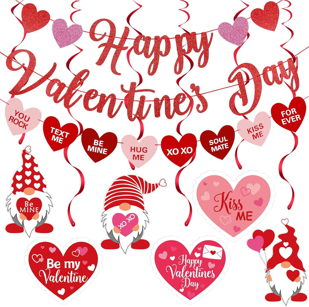 Red Happy Valentines Day Banner and Valentines Hanging Heart Swirls Decorations Happy Valentine's Day Banner Decorations for Happy Valentines Day Party Decorations