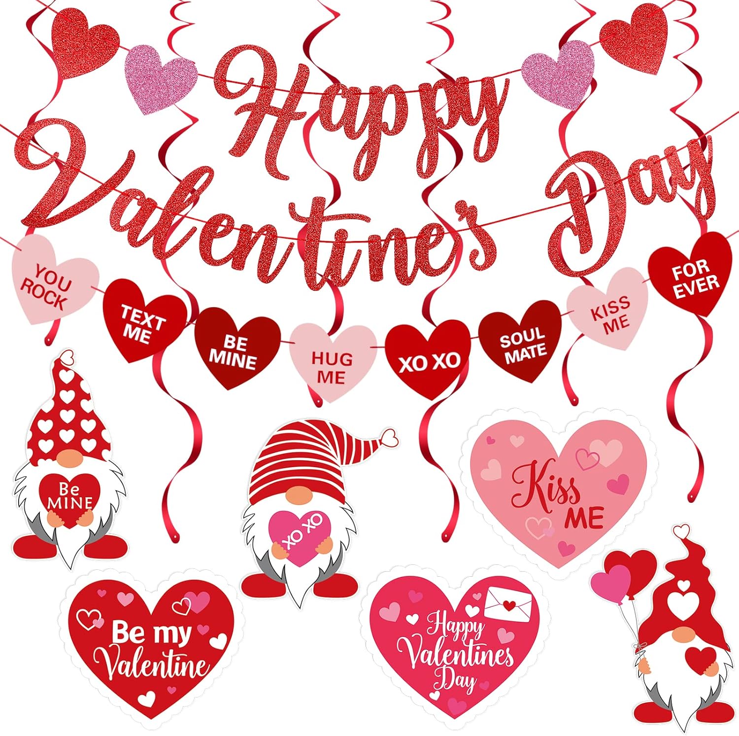 Red Happy Valentines Day Banner and Valentines Hanging Heart Swirls Decorations Happy Valentine's Day Banner Decorations for Happy Valentines Day Party Decorations