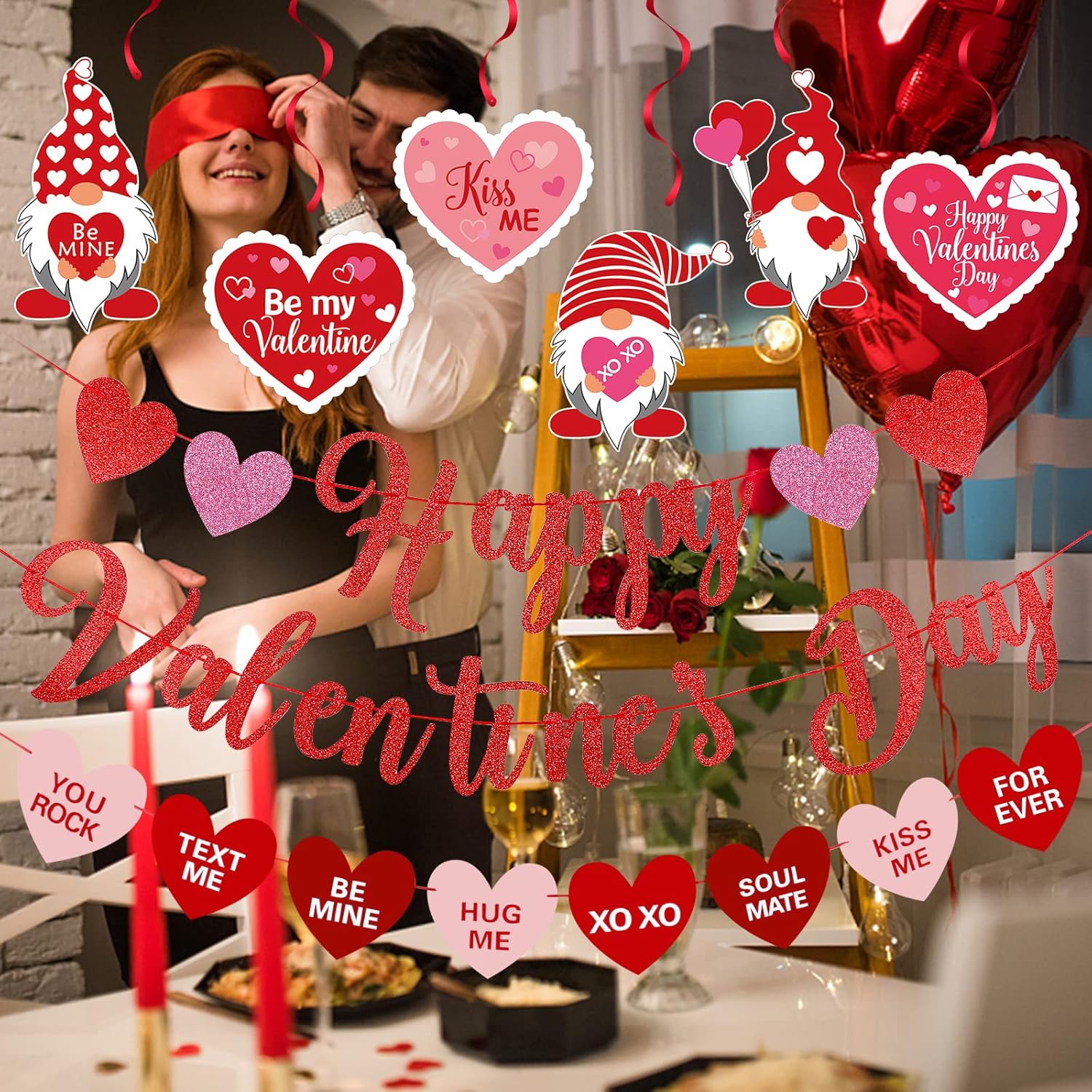 Red Happy Valentines Day Banner and Valentines Hanging Heart Swirls Decorations Happy Valentine's Day Banner Decorations for Happy Valentines Day Party Decorations