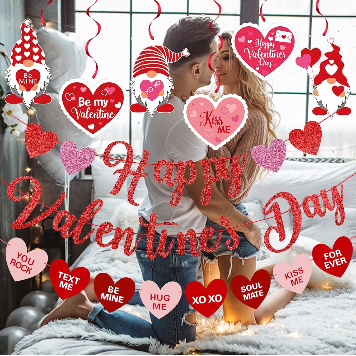 Red Happy Valentines Day Banner and Valentines Hanging Heart Swirls Decorations Happy Valentine's Day Banner Decorations for Happy Valentines Day Party Decorations