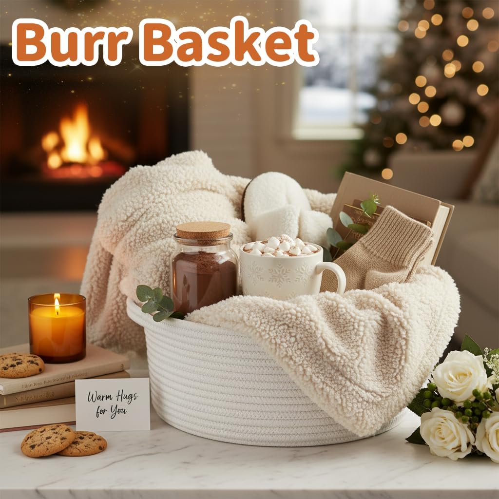 Pro Goleem Small Woven Burr Basket with Gift Bags and Ribbons Durable Baskets for Valentines Day Gifts Empty Small Rope Basket for Storage 12"X 8" X 5" Baby Toy Baskets with Handles, White