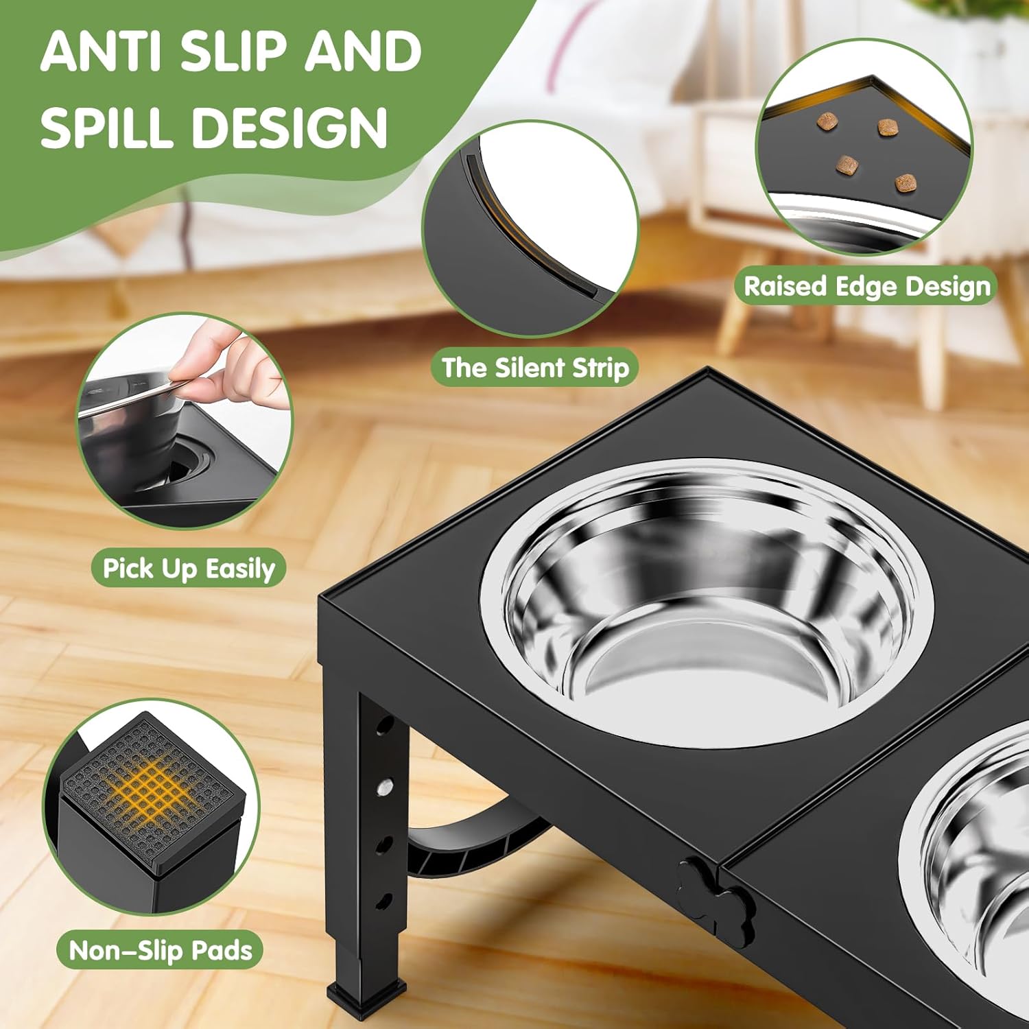 Elevated Dog Bowls Large Breed Raised Dogs Bowl Stand Large/Medium Sized Dog Stainless Steel Food Water Bowl Stands 5 Heights Adjustable 9/11/12/14in Black Pet Feeder Dish Station