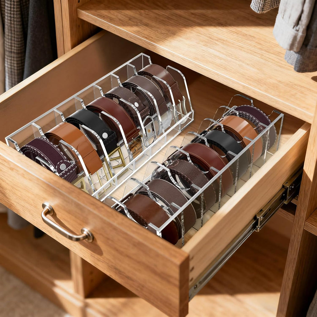 Belt Organizer - Acrylic Belt Storage Holder with 7 Compartments and Display Stand