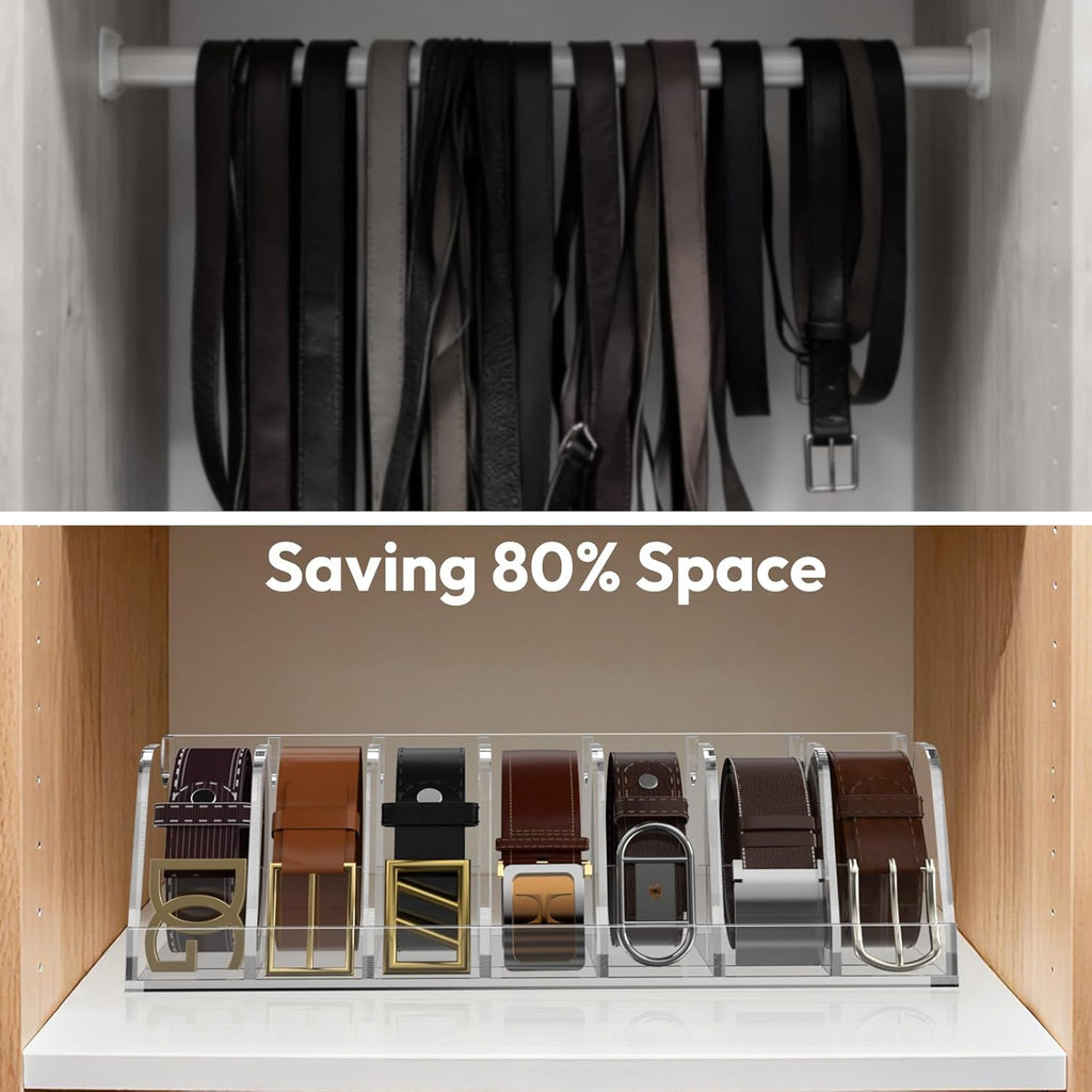 Belt Organizer - Acrylic Belt Storage Holder with 7 Compartments and Display Stand