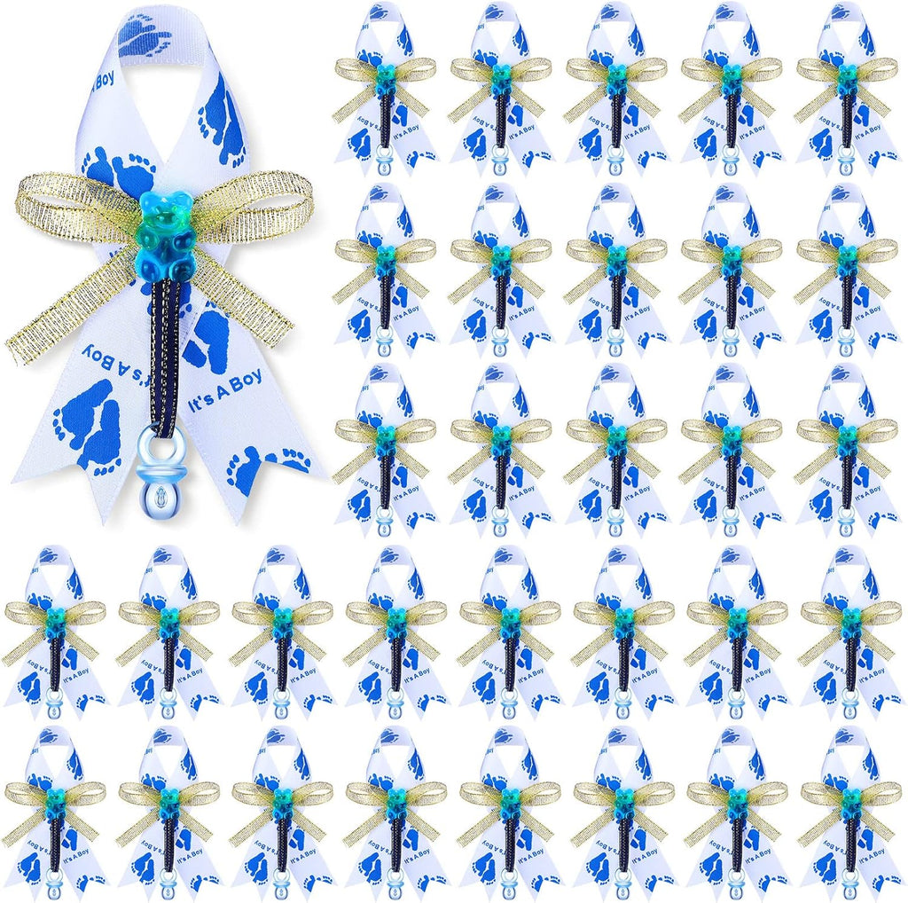 50 Pcs Baby Shower Bowknot Brooch Pins Gifts It's a Boy Ribbon Brooch with Blue Pacifier and Bear for Gender Reveal Party Decorations Baby Shower Party Favors