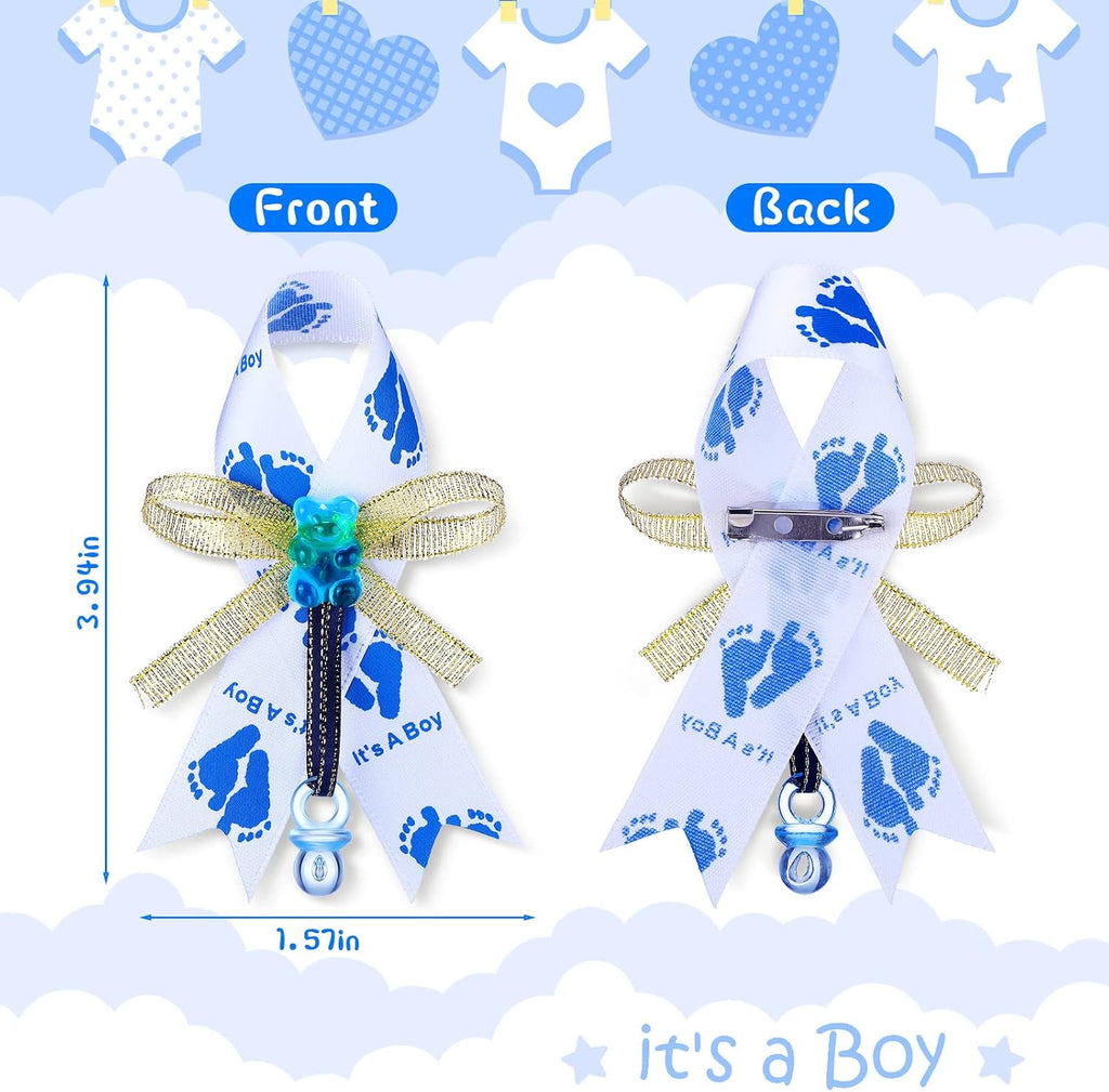 50 Pcs Baby Shower Bowknot Brooch Pins Gifts It's a Boy Ribbon Brooch with Blue Pacifier and Bear for Gender Reveal Party Decorations Baby Shower Party Favors