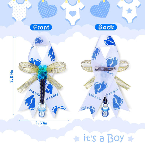 50 Pcs Baby Shower Bowknot Brooch Pins Gifts It's a Boy Ribbon Brooch with Blue Pacifier and Bear for Gender Reveal Party Decorations Baby Shower Party Favors