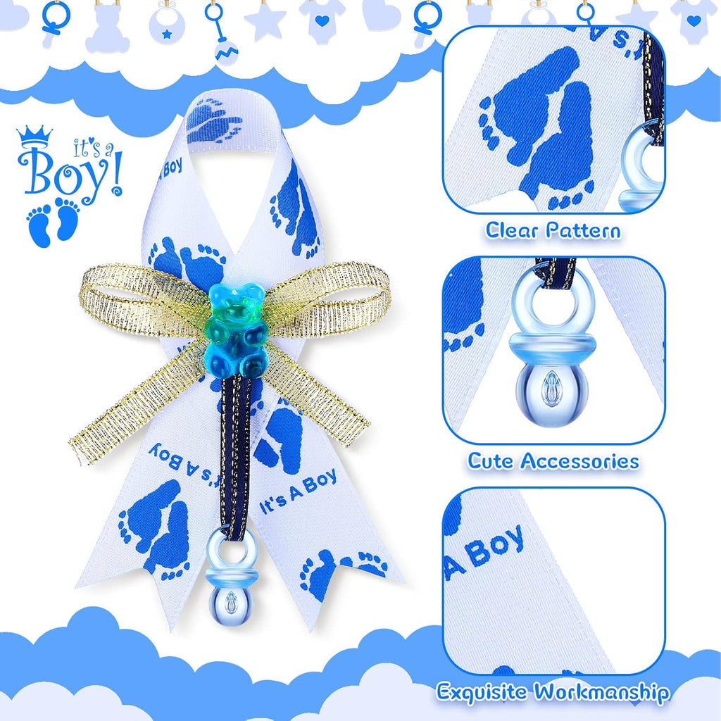 50 Pcs Baby Shower Bowknot Brooch Pins Gifts It's a Boy Ribbon Brooch with Blue Pacifier and Bear for Gender Reveal Party Decorations Baby Shower Party Favors