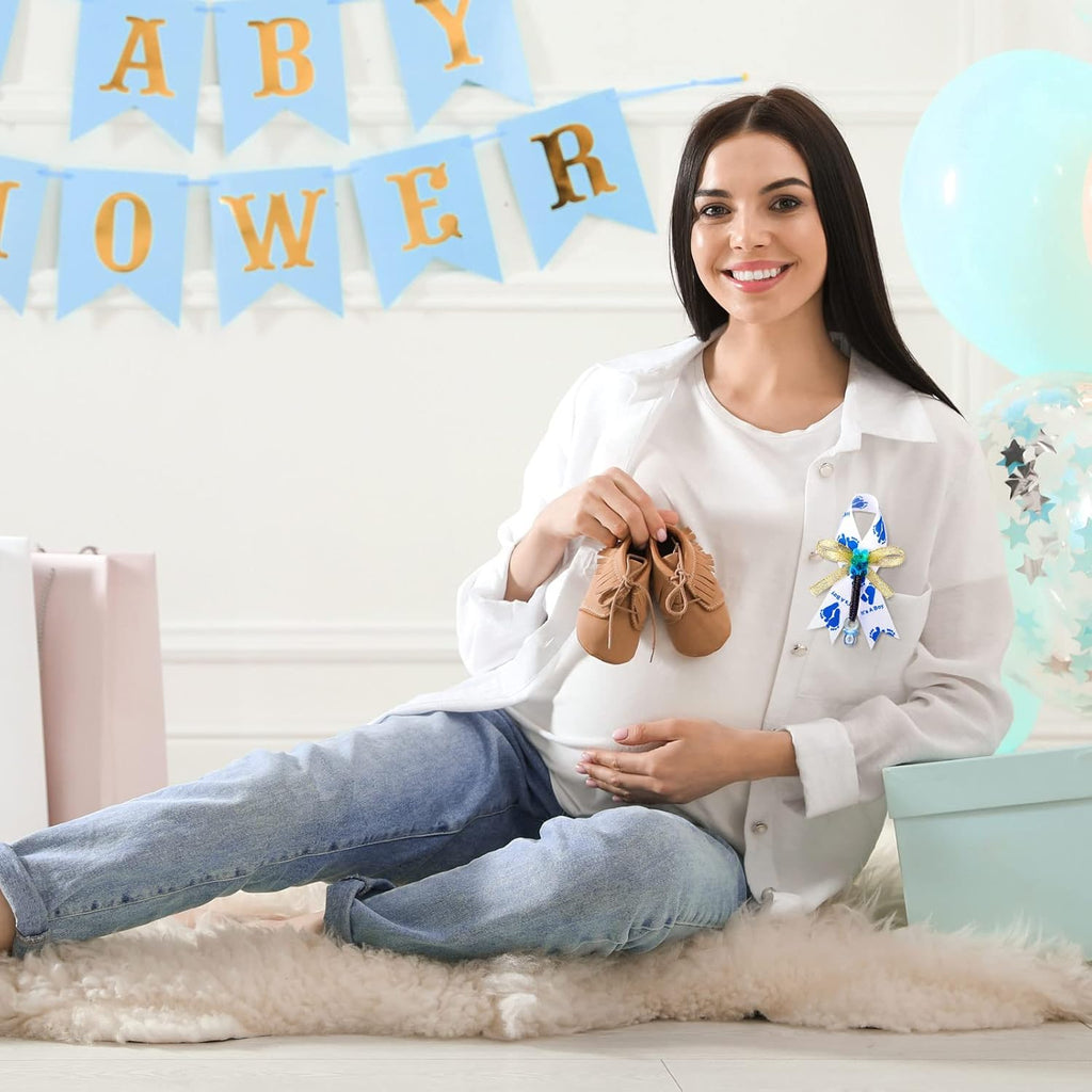 50 Pcs Baby Shower Bowknot Brooch Pins Gifts It's a Boy Ribbon Brooch with Blue Pacifier and Bear for Gender Reveal Party Decorations Baby Shower Party Favors