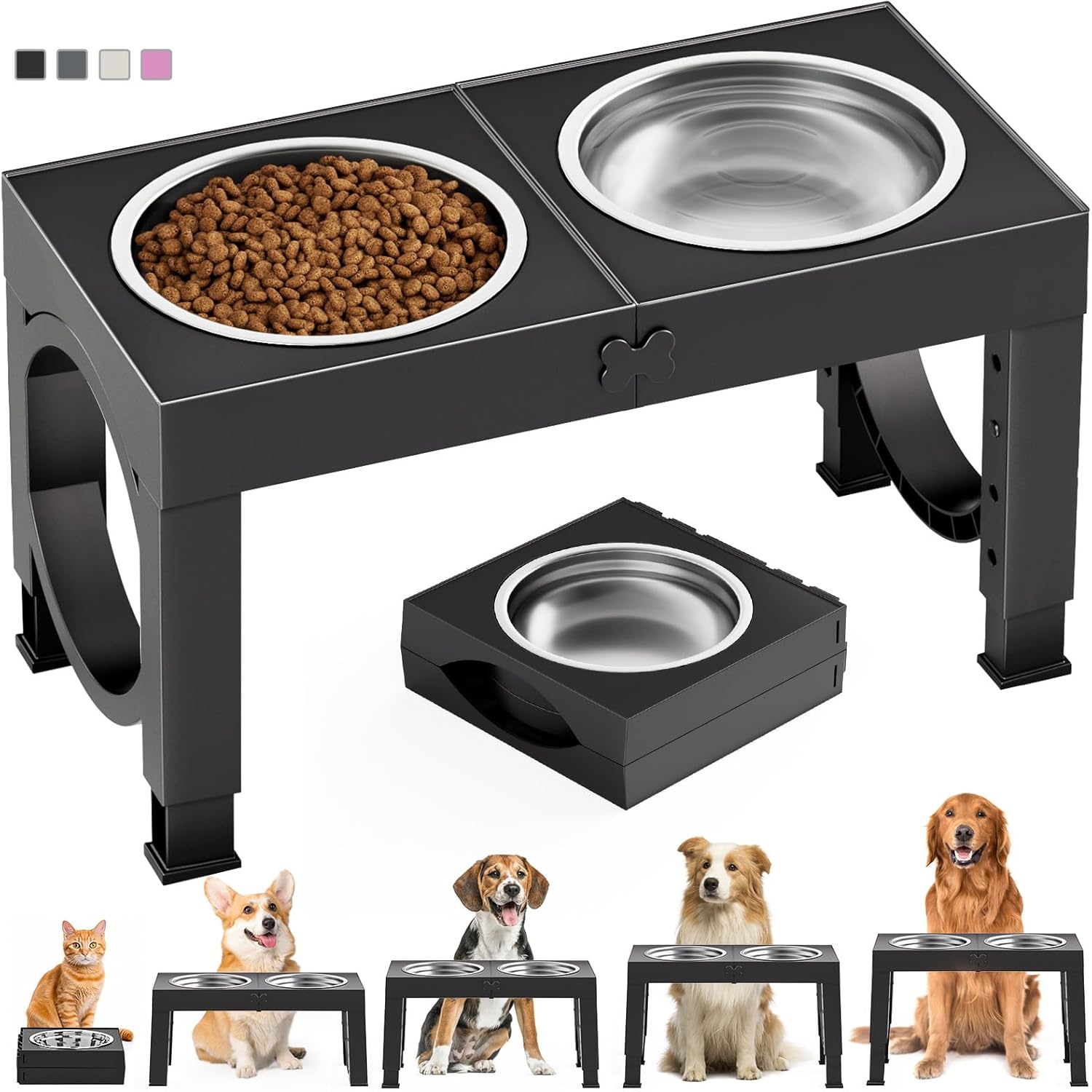 Elevated Dog Bowls Large Breed Raised Dogs Bowl Stand Large/Medium Sized Dog Stainless Steel Food Water Bowl Stands 5 Heights Adjustable 9/11/12/14in Black Pet Feeder Dish Station