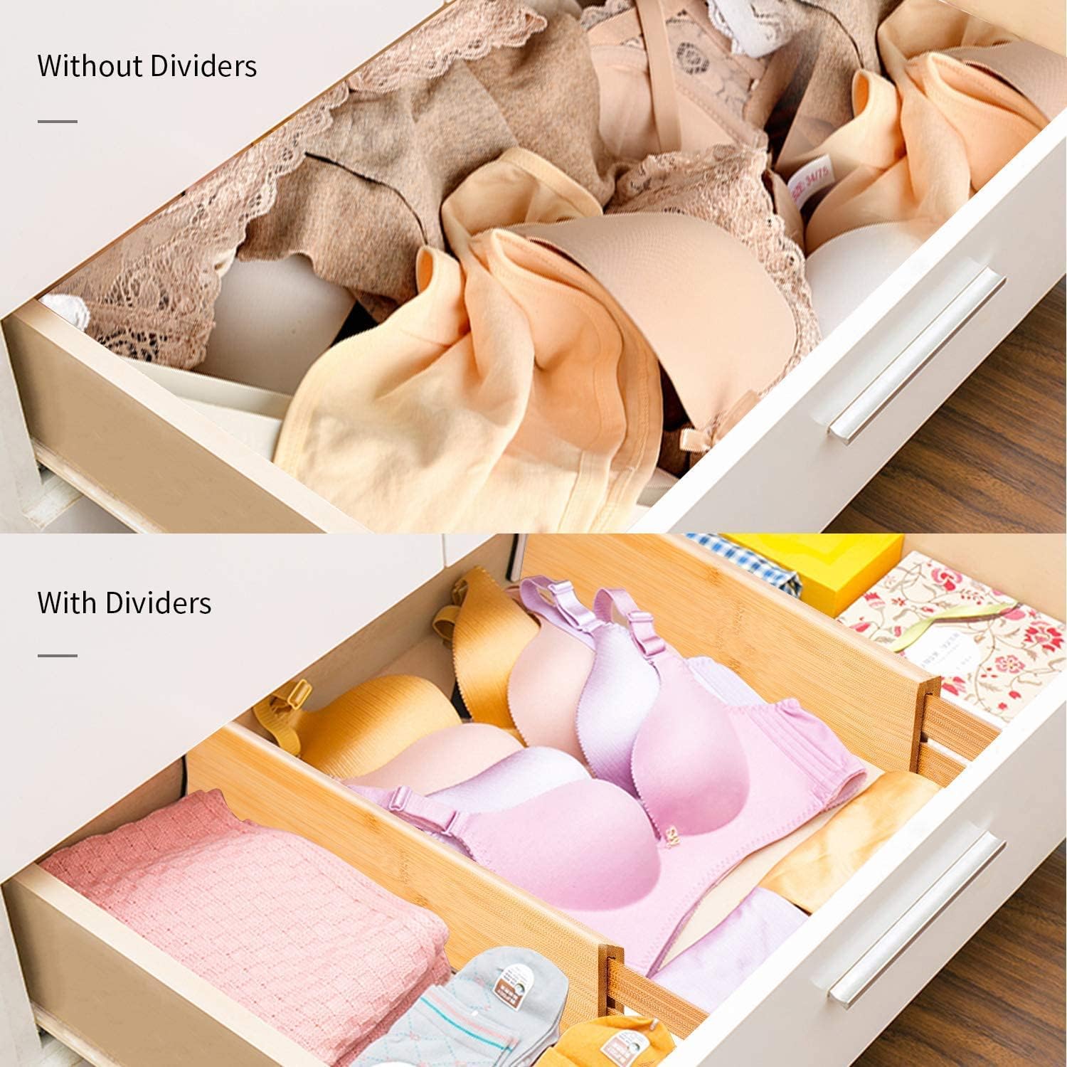 4 pcs Bamboo Kitchen Drawer Dividers Large, Adjustable Drawer Organizers, Spring Loaded, Works in Kitchen, Dresser, Bathroom, Bedroom, Drawer, Desk