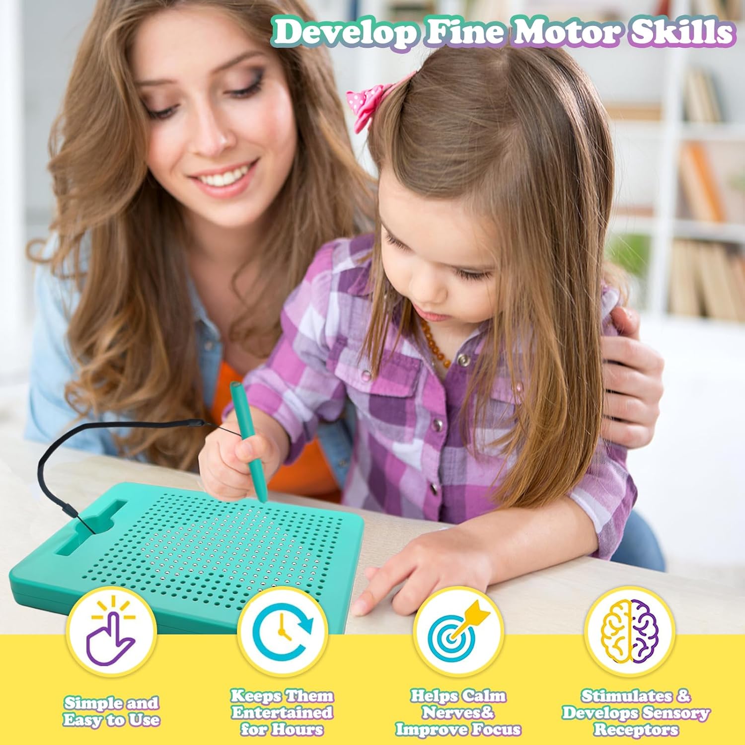 2-in-1 Double-Sided Magnetic Drawing Board for Kids & Toddlers Magnet Doodle Board with Beads, Magnetic Dot Art Toys, Road Trip Car Activities for Kids