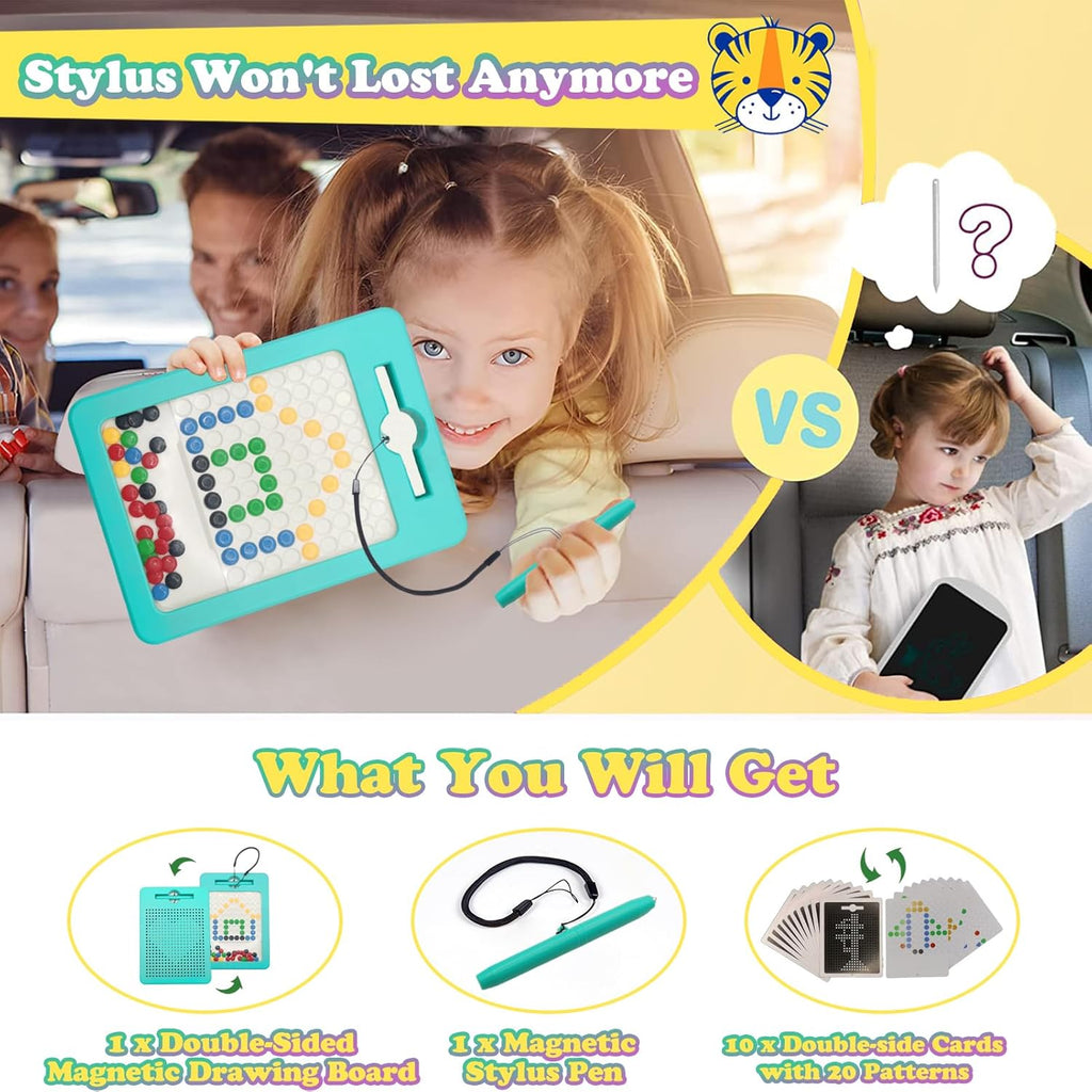 2-in-1 Double-Sided Magnetic Drawing Board for Kids & Toddlers Magnet Doodle Board with Beads, Magnetic Dot Art Toys, Road Trip Car Activities for Kids