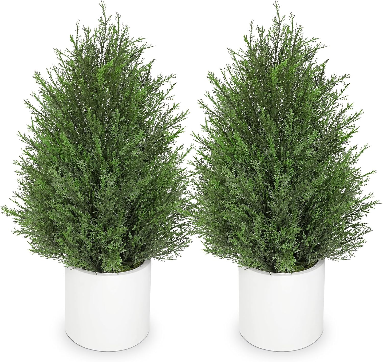 Briful 27” Artificial Cedar Topiary Tree in White Planter, 2PCS – Realistic Faux Evergreen Faux Floor Plant with Layered Leaves, Decorative Indoor Outdoor Potted Shrub for Home, Office, Patio, Porch