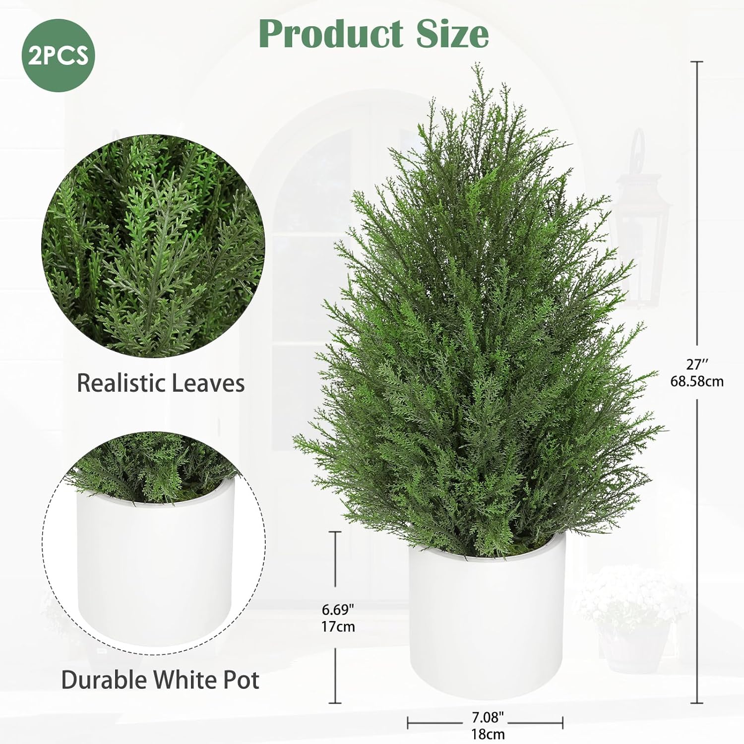 Briful 27” Artificial Cedar Topiary Tree in White Planter, 2PCS – Realistic Faux Evergreen Faux Floor Plant with Layered Leaves, Decorative Indoor Outdoor Potted Shrub for Home, Office, Patio, Porch