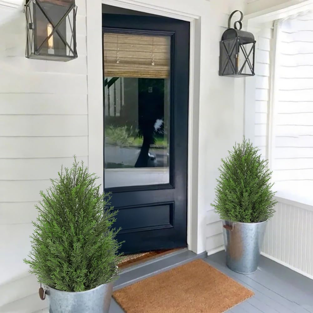 Briful 27” Artificial Cedar Topiary Tree in White Planter, 2PCS – Realistic Faux Evergreen Faux Floor Plant with Layered Leaves, Decorative Indoor Outdoor Potted Shrub for Home, Office, Patio, Porch