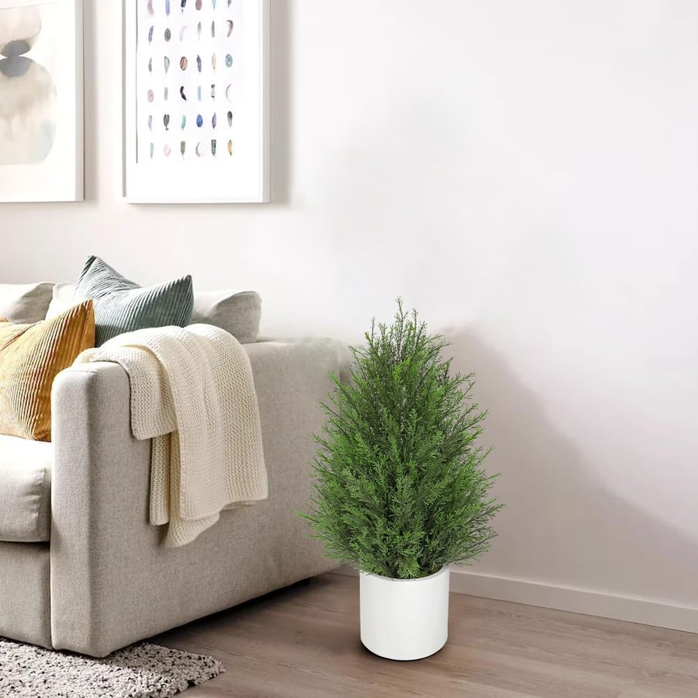 Briful 27” Artificial Cedar Topiary Tree in White Planter, 2PCS – Realistic Faux Evergreen Faux Floor Plant with Layered Leaves, Decorative Indoor Outdoor Potted Shrub for Home, Office, Patio, Porch