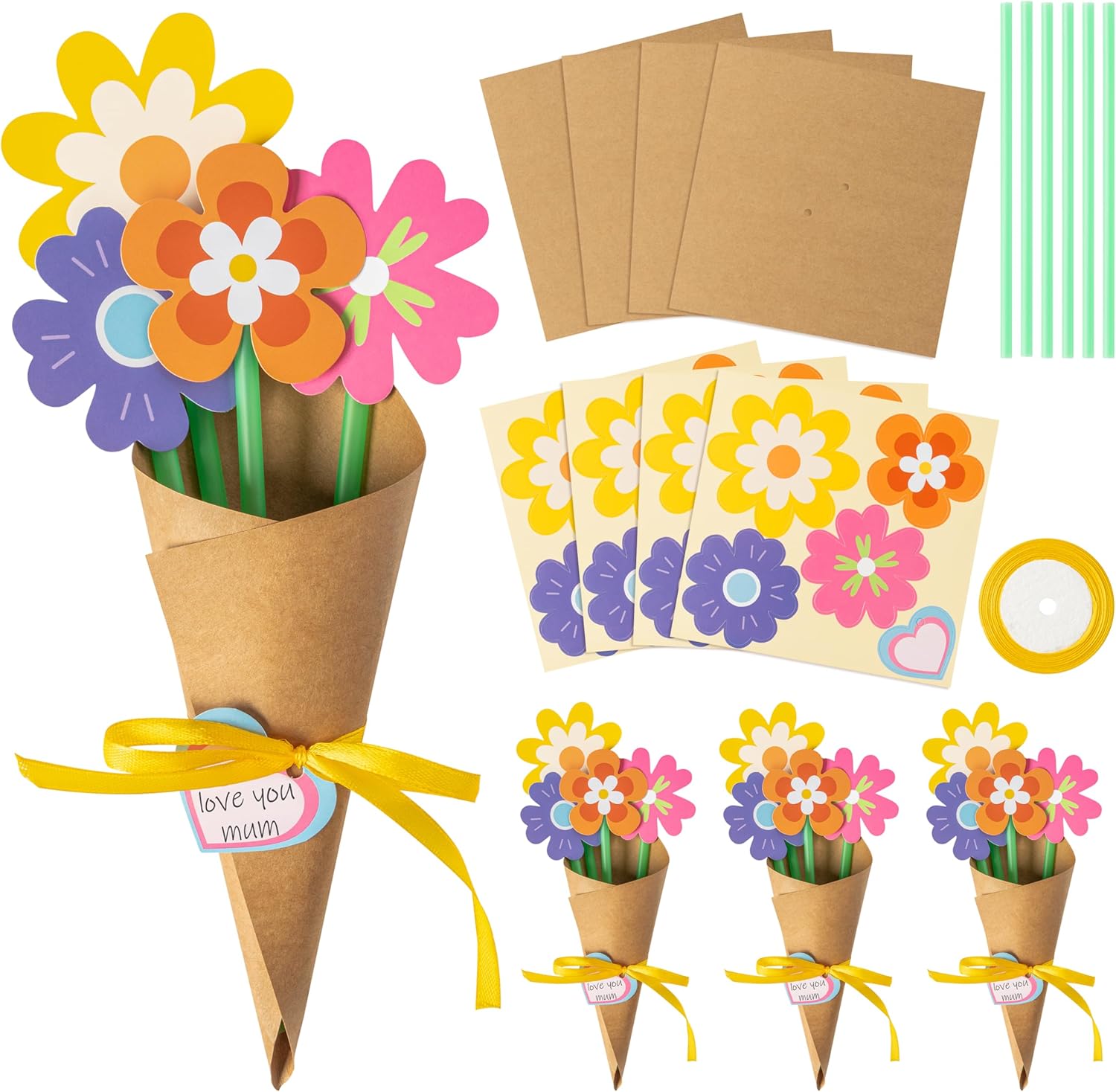 Flower Bouquet Craft Kit - 24Pcs Mother's Day Flower Bouquet Craft for Kids Make Your Own Bunch of Flowers Teacher Appreciation Week DIY Thankful Gift Set School Classroom Home Fun Activities