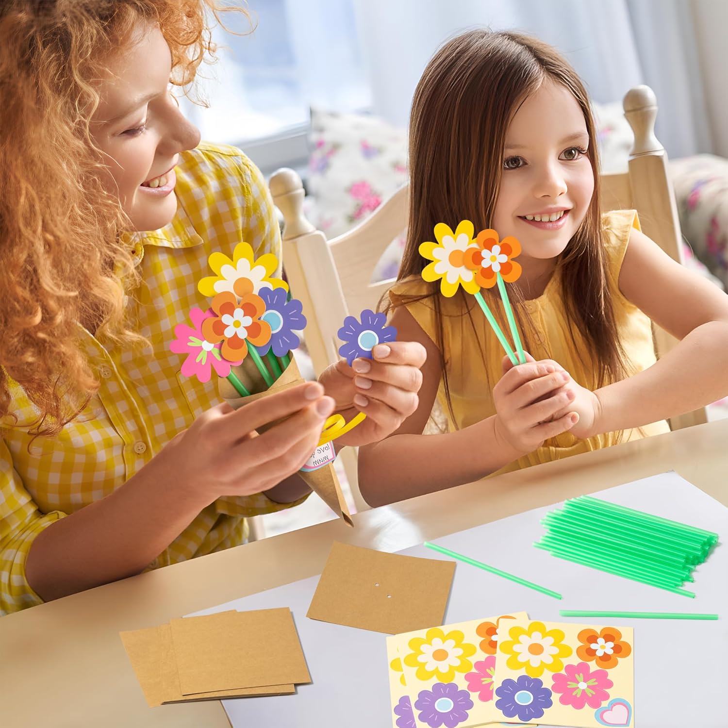 Flower Bouquet Craft Kit - 24Pcs Mother's Day Flower Bouquet Craft for Kids Make Your Own Bunch of Flowers Teacher Appreciation Week DIY Thankful Gift Set School Classroom Home Fun Activities