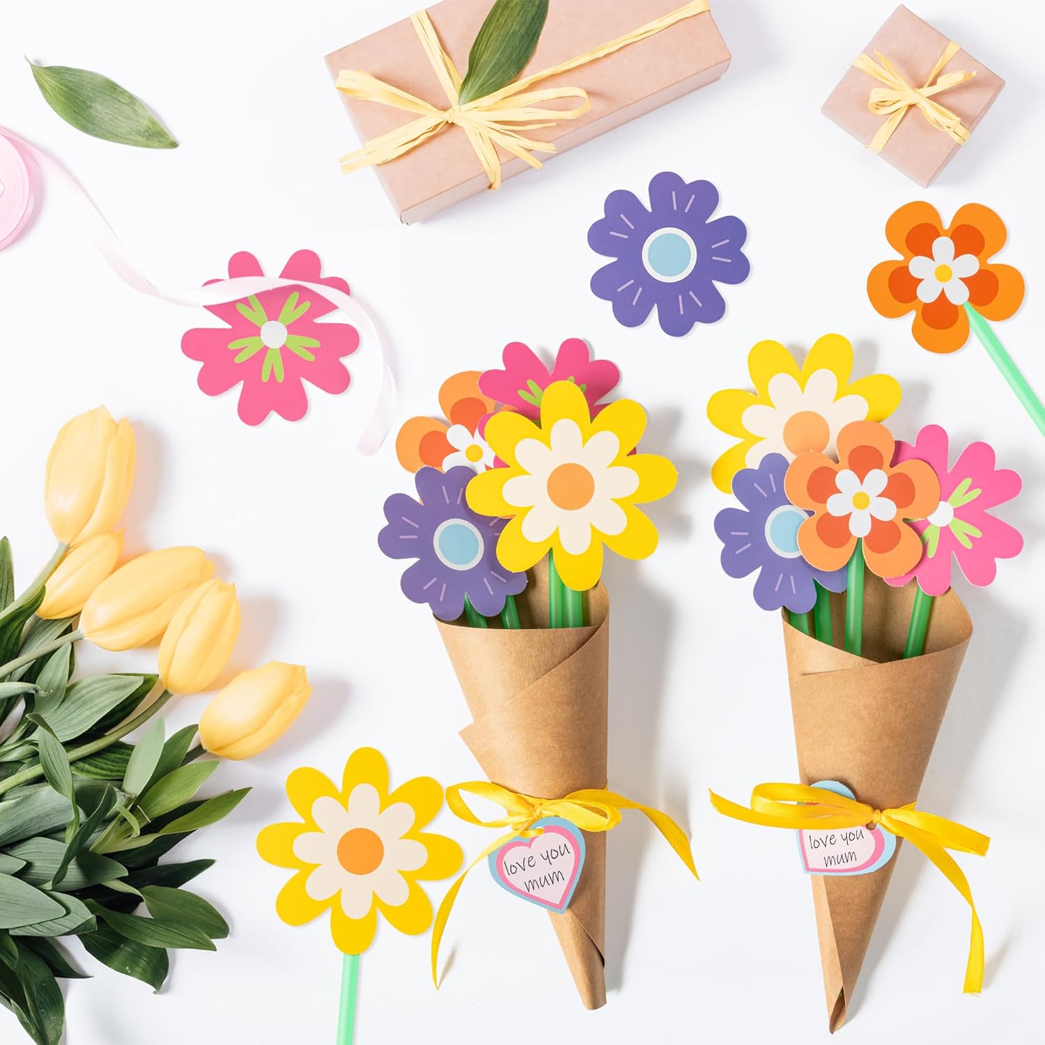 Flower Bouquet Craft Kit - 24Pcs Mother's Day Flower Bouquet Craft for Kids Make Your Own Bunch of Flowers Teacher Appreciation Week DIY Thankful Gift Set School Classroom Home Fun Activities