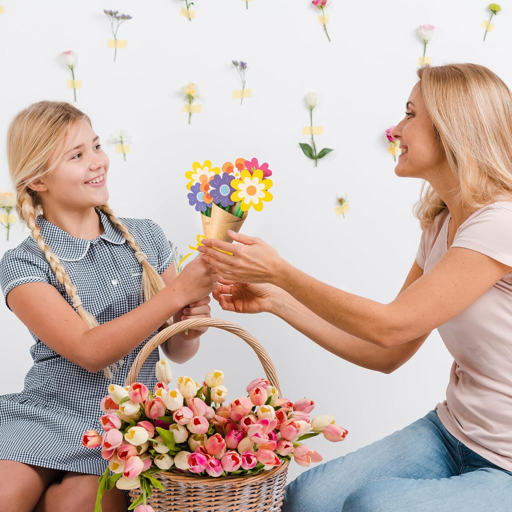 Flower Bouquet Craft Kit - 24Pcs Mother's Day Flower Bouquet Craft for Kids Make Your Own Bunch of Flowers Teacher Appreciation Week DIY Thankful Gift Set School Classroom Home Fun Activities