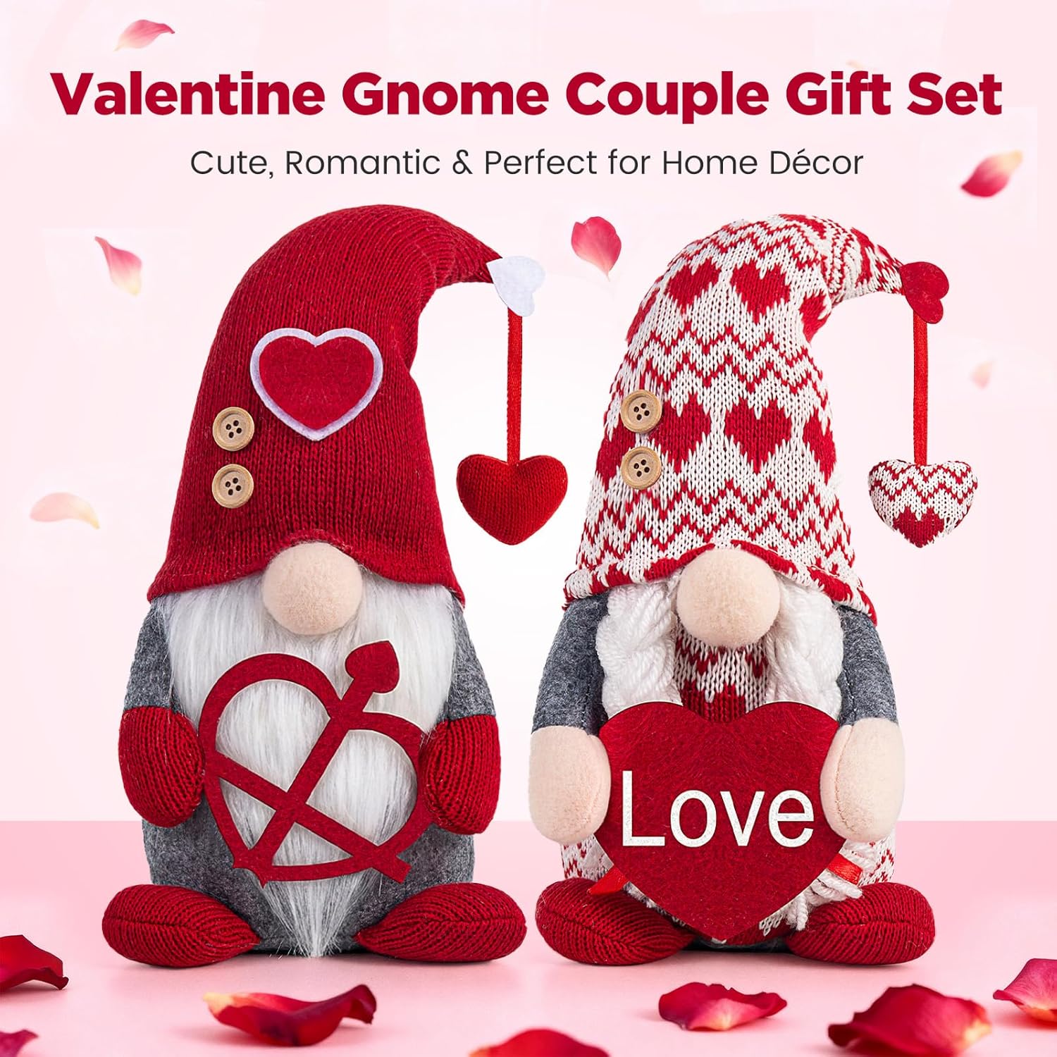 Valentines Day Decorations -Valentines Day Gnome Decor Gifts, Handmade Plush Gnome Couple with Heart and “Love” Heart, Romantic Red Valentines Day Gift for Couples, Anniversary Home Decor