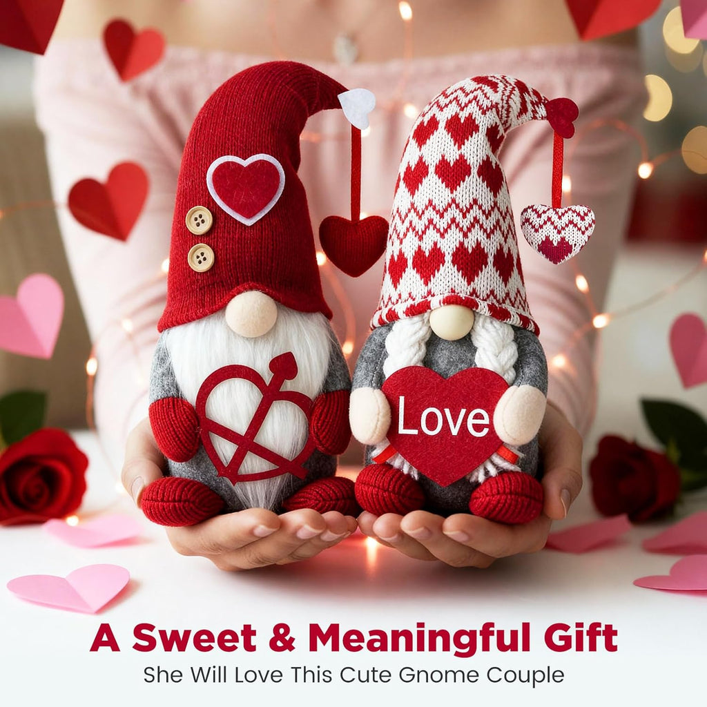 Valentines Day Decorations -Valentines Day Gnome Decor Gifts, Handmade Plush Gnome Couple with Heart and “Love” Heart, Romantic Red Valentines Day Gift for Couples, Anniversary Home Decor