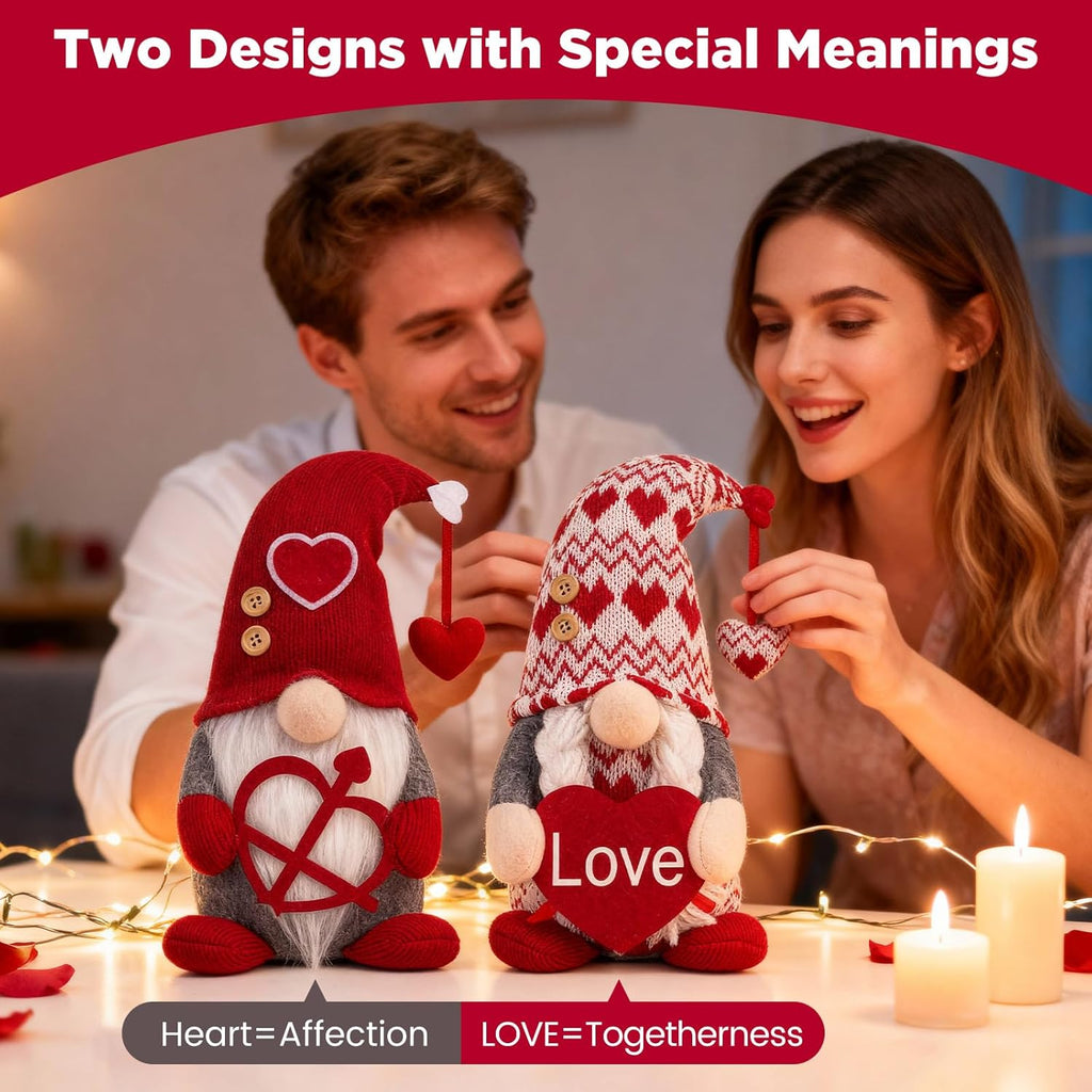 Valentines Day Decorations -Valentines Day Gnome Decor Gifts, Handmade Plush Gnome Couple with Heart and “Love” Heart, Romantic Red Valentines Day Gift for Couples, Anniversary Home Decor