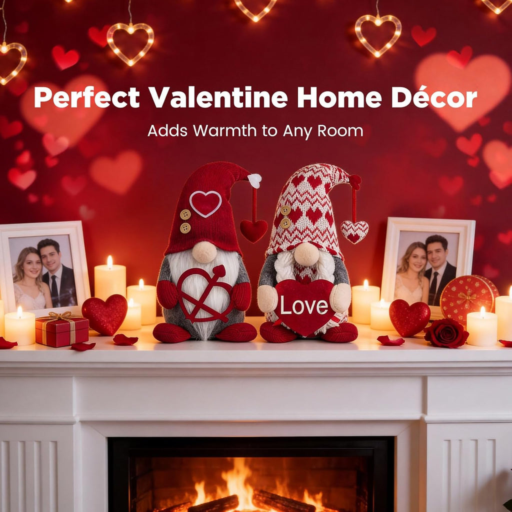 Valentines Day Decorations -Valentines Day Gnome Decor Gifts, Handmade Plush Gnome Couple with Heart and “Love” Heart, Romantic Red Valentines Day Gift for Couples, Anniversary Home Decor