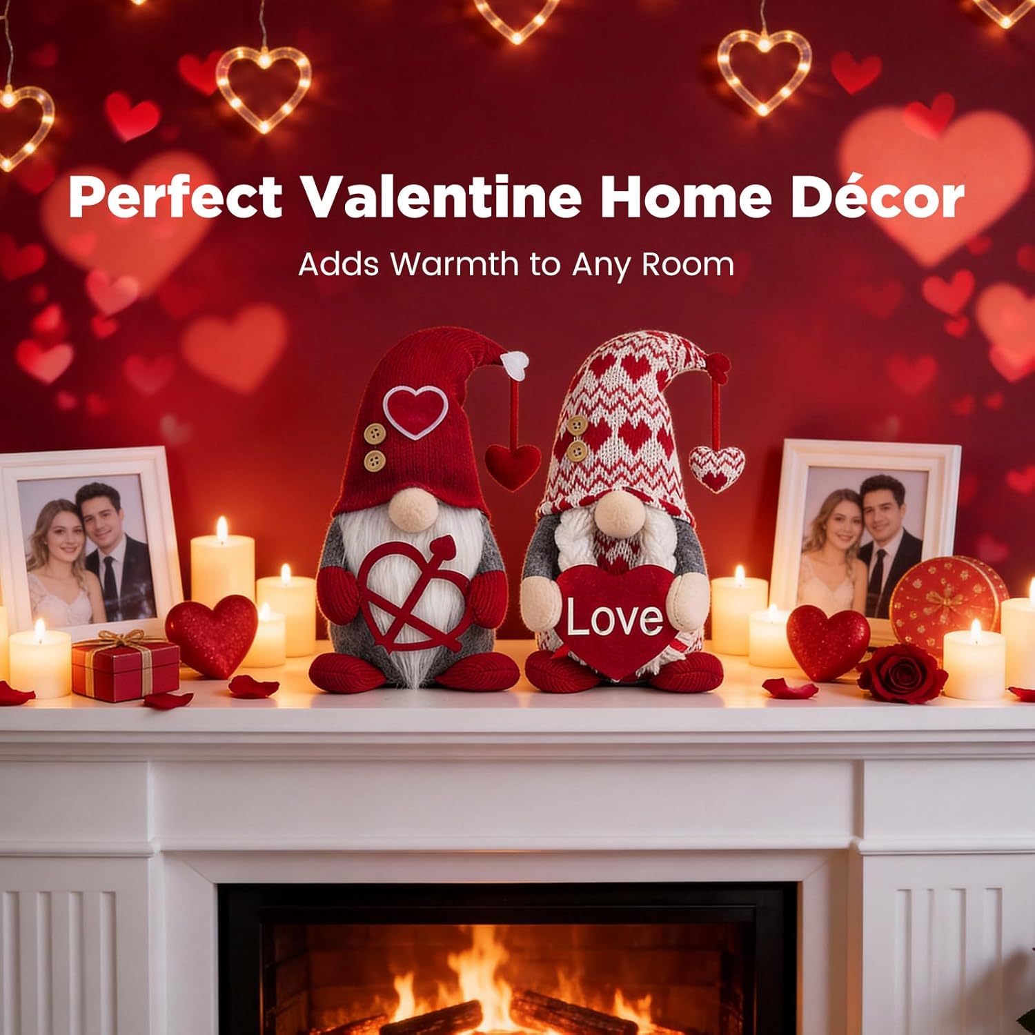 Valentines Day Decorations -Valentines Day Gnome Decor Gifts, Handmade Plush Gnome Couple with Heart and “Love” Heart, Romantic Red Valentines Day Gift for Couples, Anniversary Home Decor