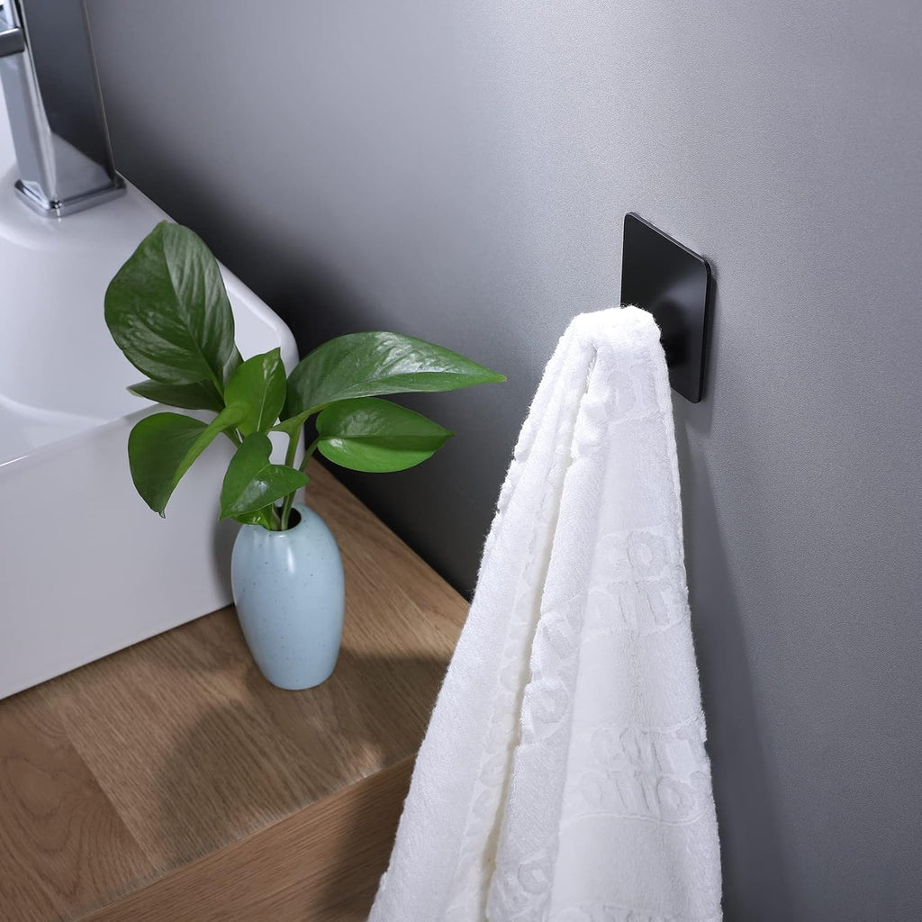 Adhesive Hooks - 4 Pack Towel/Coat Hooks Wall Hook Stick on Bathroom or Kitchen (Matte Black, Stainless Steel)