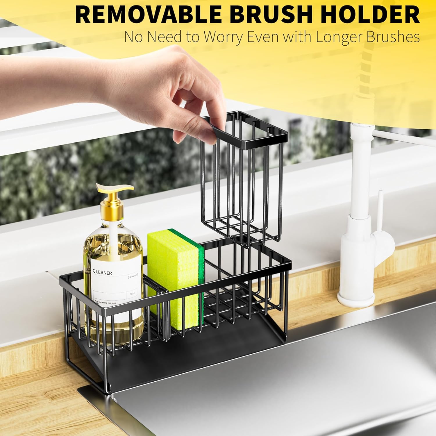 Cisily Kitchen Sink Caddy Organzier with High Brush Holder, Sponge Holder for Sink, 304 Rustproof Stainless, Kitchen Countertop Soap Dispenser Organizer