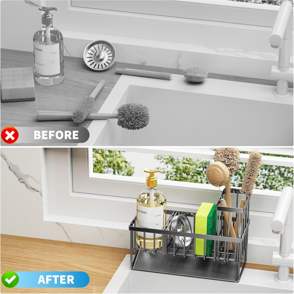 Cisily Kitchen Sink Caddy Organzier with High Brush Holder, Sponge Holder for Sink, 304 Rustproof Stainless, Kitchen Countertop Soap Dispenser Organizer
