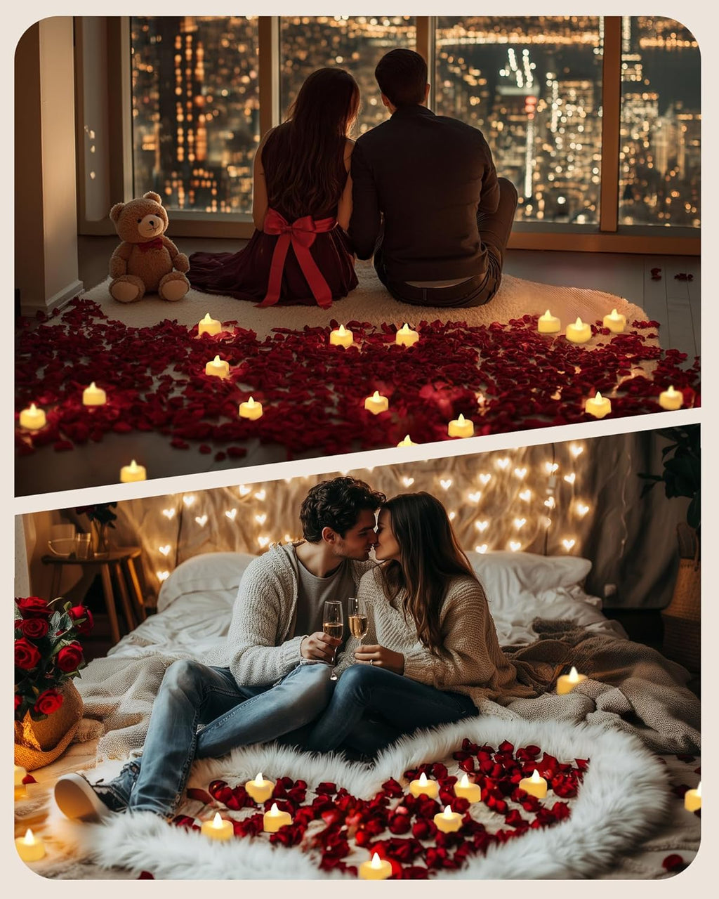 A magic 1000 Pieces Artificial Rose Petals with 12 Heart LED Tea Lights Candles Kit, Rose Petals and Candles Set for Proposal, Anniversary, Valentine's Day, Special Romantic Night, Wedding Table Decor