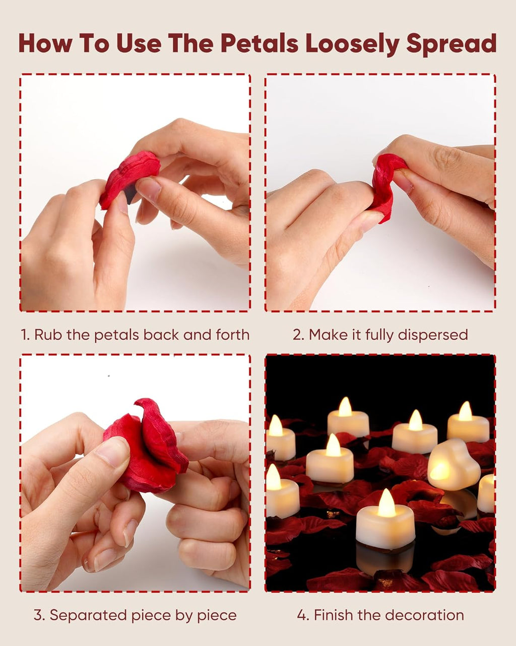 A magic 1000 Pieces Artificial Rose Petals with 12 Heart LED Tea Lights Candles Kit, Rose Petals and Candles Set for Proposal, Anniversary, Valentine's Day, Special Romantic Night, Wedding Table Decor