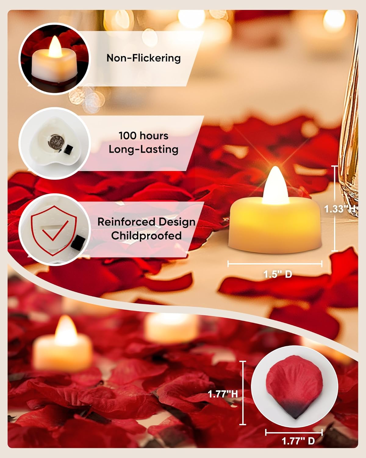 A magic 1000 Pieces Artificial Rose Petals with 12 Heart LED Tea Lights Candles Kit, Rose Petals and Candles Set for Proposal, Anniversary, Valentine's Day, Special Romantic Night, Wedding Table Decor