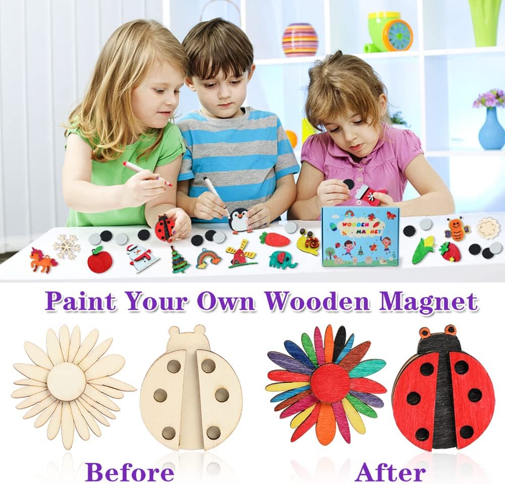 DIY Wooden Magnets, 36 pcs Wooden Art Craft Supplies Painting Kit for Kids Party Favors for Boys Girls Ages 4-8 8-12 Birthday Easter Crafts Gifts Toys Basket Goodie Bag Stuffers