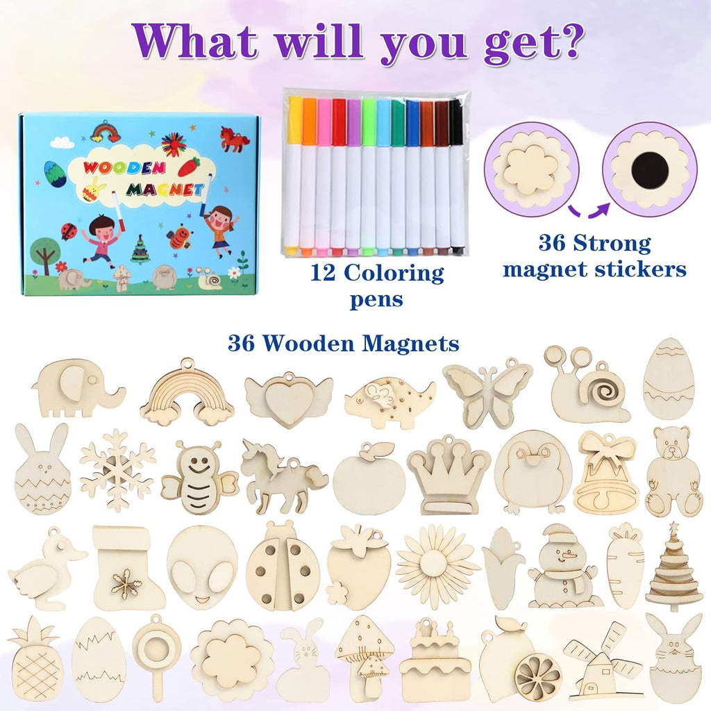 DIY Wooden Magnets, 36 pcs Wooden Art Craft Supplies Painting Kit for Kids Party Favors for Boys Girls Ages 4-8 8-12 Birthday Easter Crafts Gifts Toys Basket Goodie Bag Stuffers