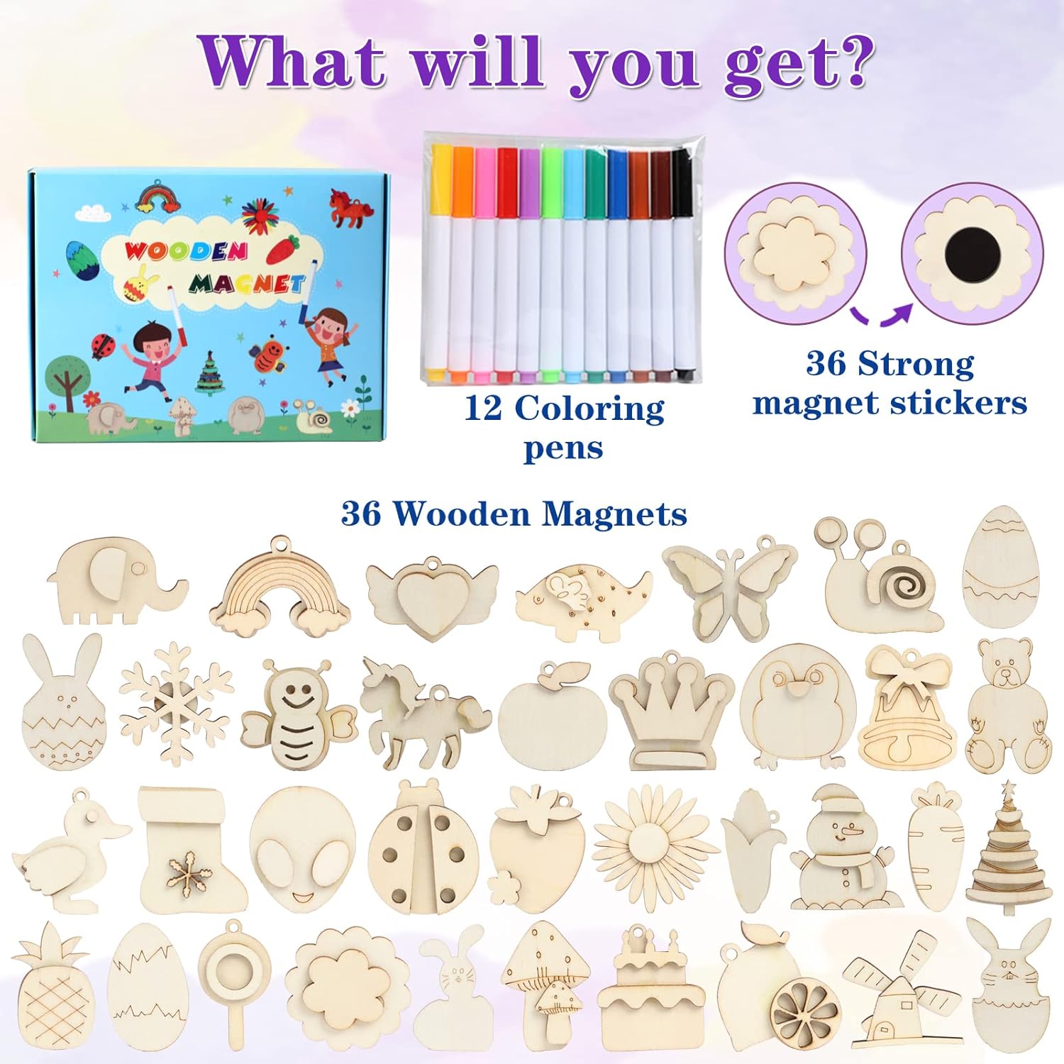 DIY Wooden Magnets, 36 pcs Wooden Art Craft Supplies Painting Kit for Kids Party Favors for Boys Girls Ages 4-8 8-12 Birthday Easter Crafts Gifts Toys Basket Goodie Bag Stuffers