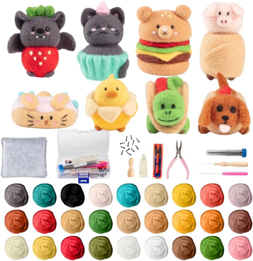 DIY Needle Felting Kit w Case - Animal Foodie Friends - Make 8 Cute Designs - Starter Kit Includes Mat, Wool Felt Tools, Needles, Instructions- Holiday Party Crafts, Gifts & Homemade Stocking Stuffers