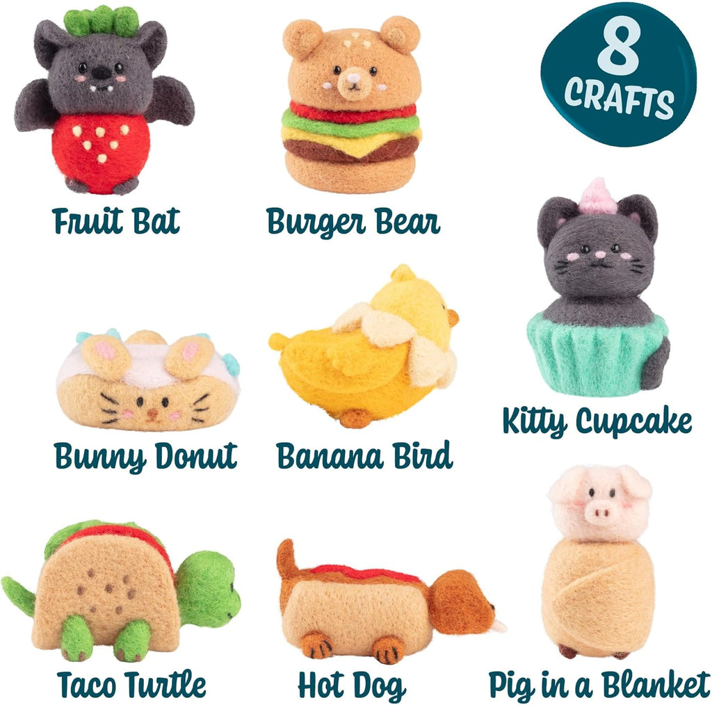 DIY Needle Felting Kit w Case - Animal Foodie Friends - Make 8 Cute Designs - Starter Kit Includes Mat, Wool Felt Tools, Needles, Instructions- Holiday Party Crafts, Gifts & Homemade Stocking Stuffers