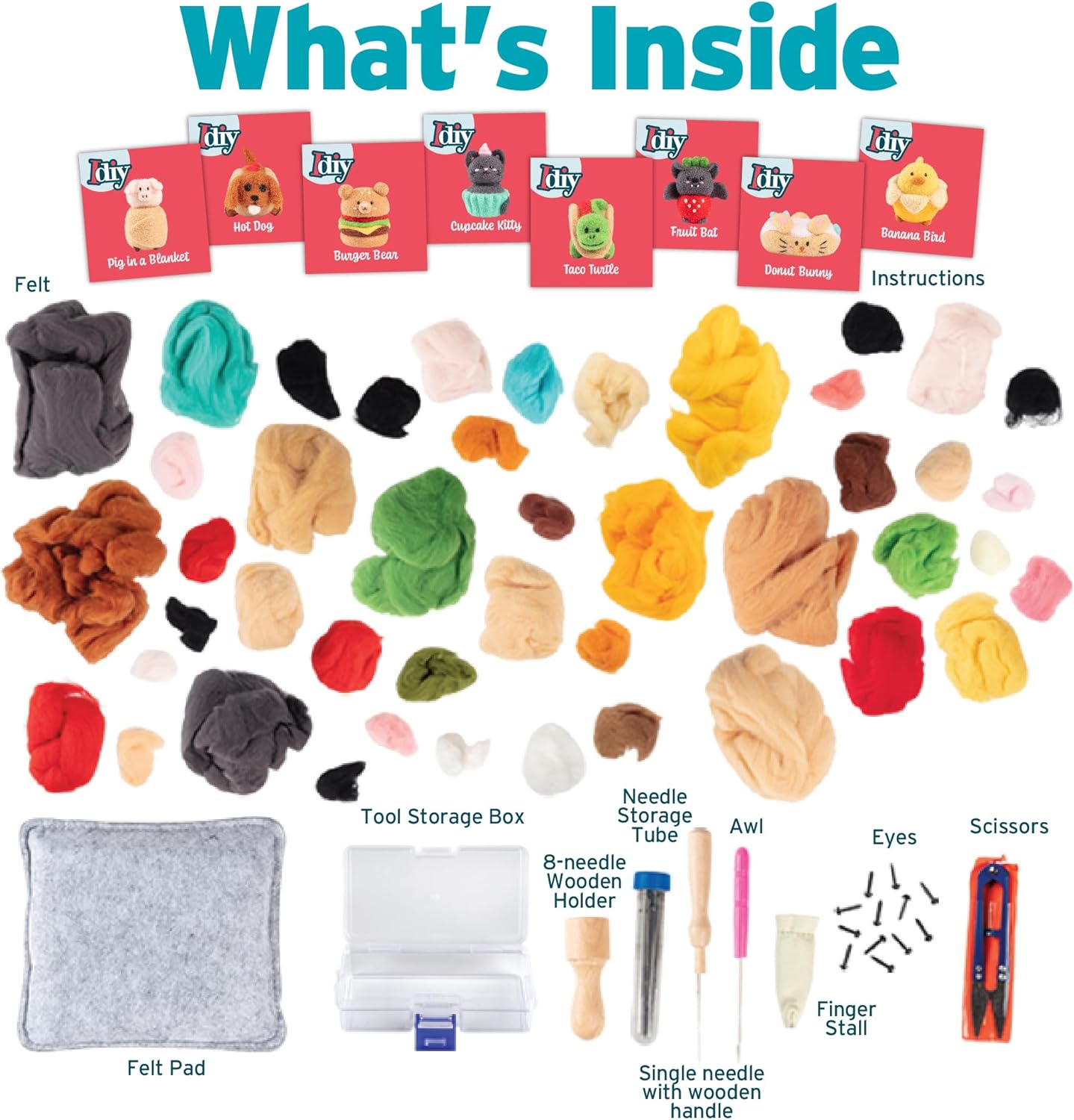 DIY Needle Felting Kit w Case - Animal Foodie Friends - Make 8 Cute Designs - Starter Kit Includes Mat, Wool Felt Tools, Needles, Instructions- Holiday Party Crafts, Gifts & Homemade Stocking Stuffers
