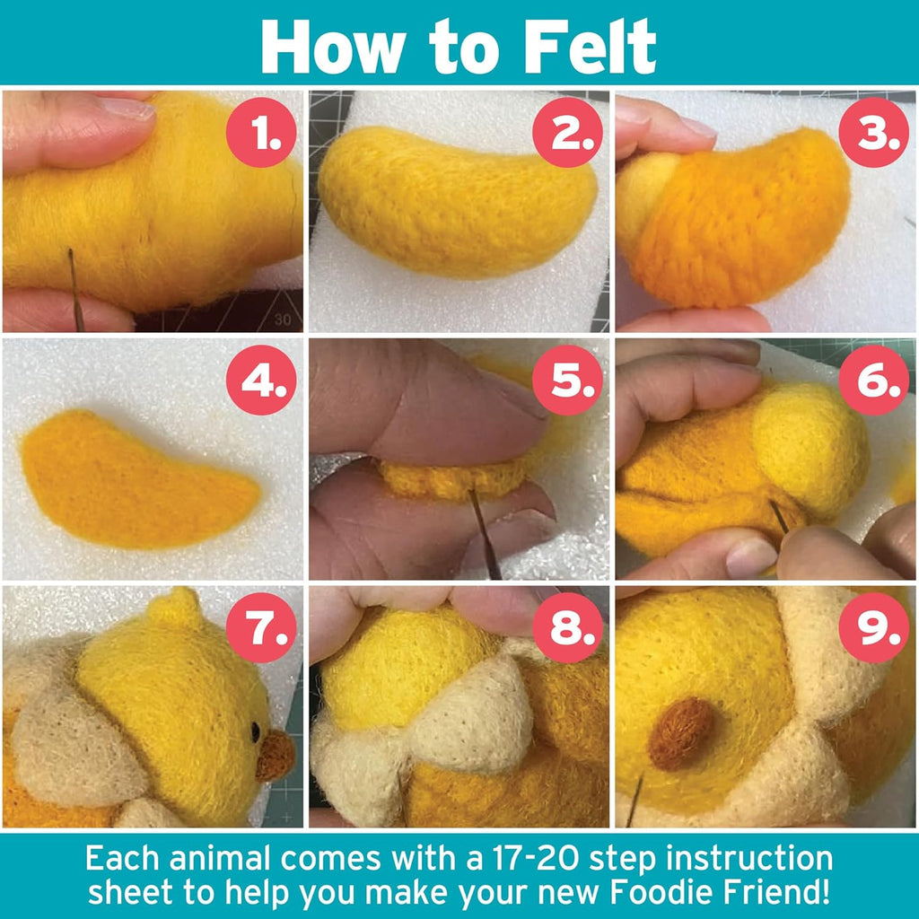DIY Needle Felting Kit w Case - Animal Foodie Friends - Make 8 Cute Designs - Starter Kit Includes Mat, Wool Felt Tools, Needles, Instructions- Holiday Party Crafts, Gifts & Homemade Stocking Stuffers